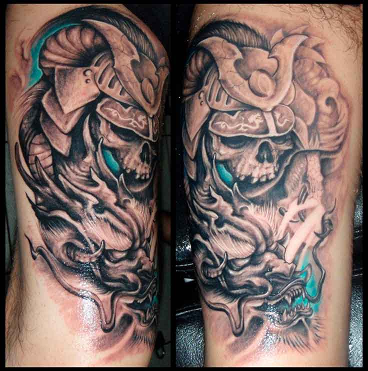 Asian Dragon Samurai Tattoo On Half Sleeve