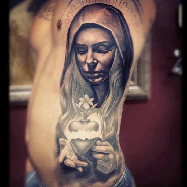 Attractive 3D Saint Mary Tattoo On Man Side Rib