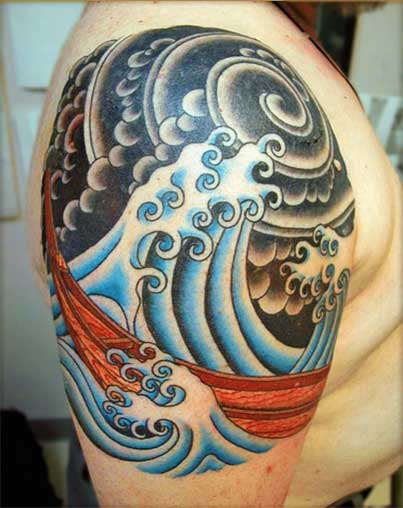 Awesome Colored Realistic Wave Tattoo On Shoulder