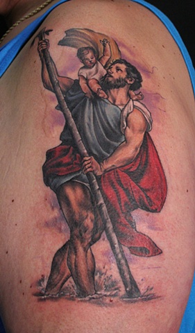 Awesome Colorful Saint Christopher Tattoo Design For Shoulder