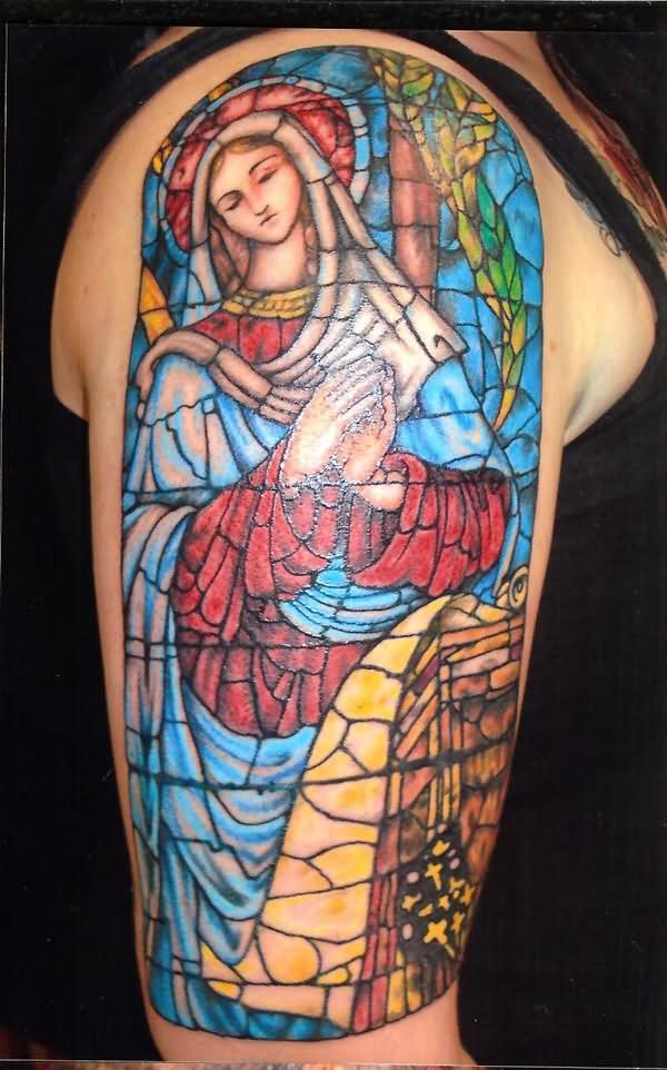 Awesome Colorful Saint Mary Tattoo On Right Half Sleeve