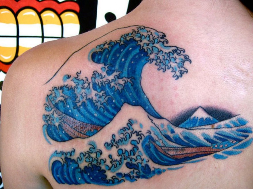 Awesome Colorful Wave Tattoo On Back Shoulder