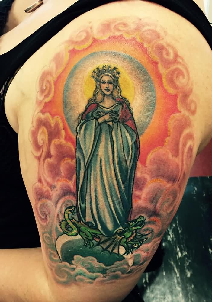 Awesome Saint Mary Mother Of God Tattoo On Left Half Sleeve