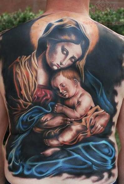 Awesome Saint Mary Tattoo On Full Back