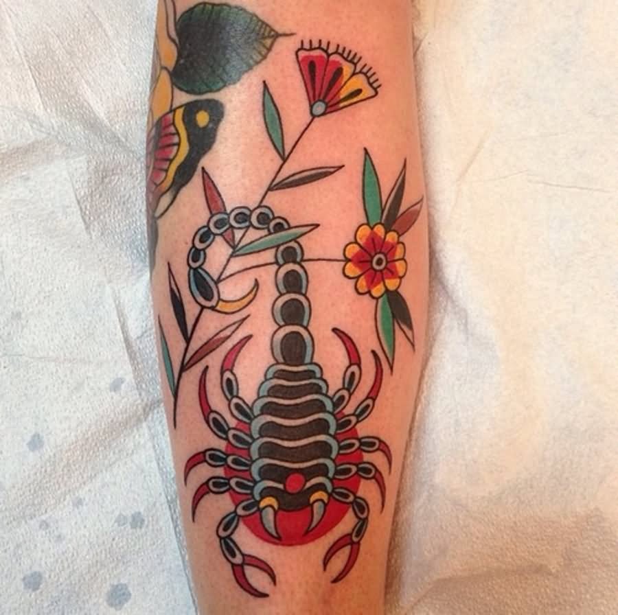 Awesome Traditional Scorpion With Flowers Tattoo Design