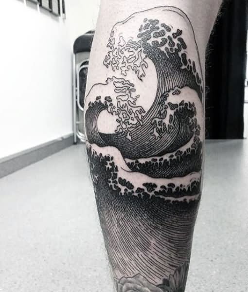 Back Leg Grey Ink Wave Tattoo
