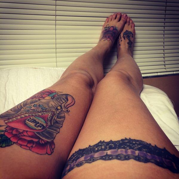 Beautiful Elephant Head And Lace Garter Tattoos On Thigh