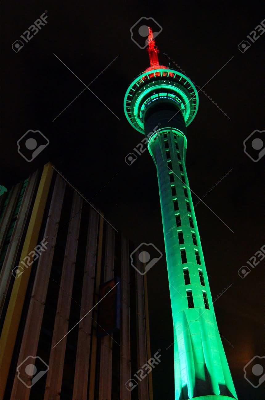 Beautiful Green Lights On The Sky Tower At Night