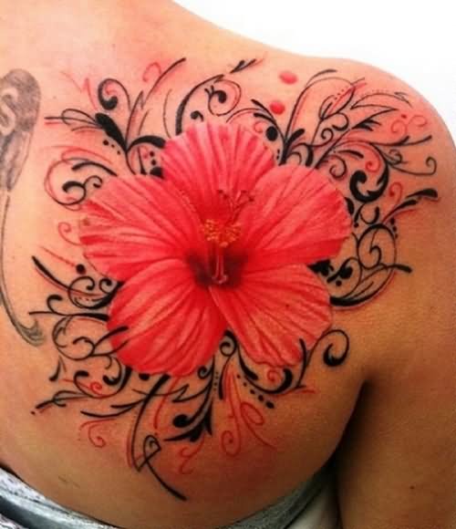 Beautiful Hibiscus Tattoo On Right Back Shoulder