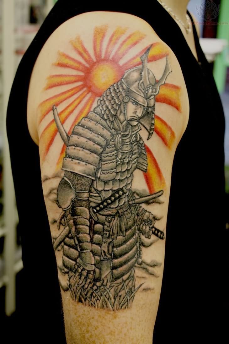 Beautiful Sun And Samurai Tattoo On Right Half Sleeve