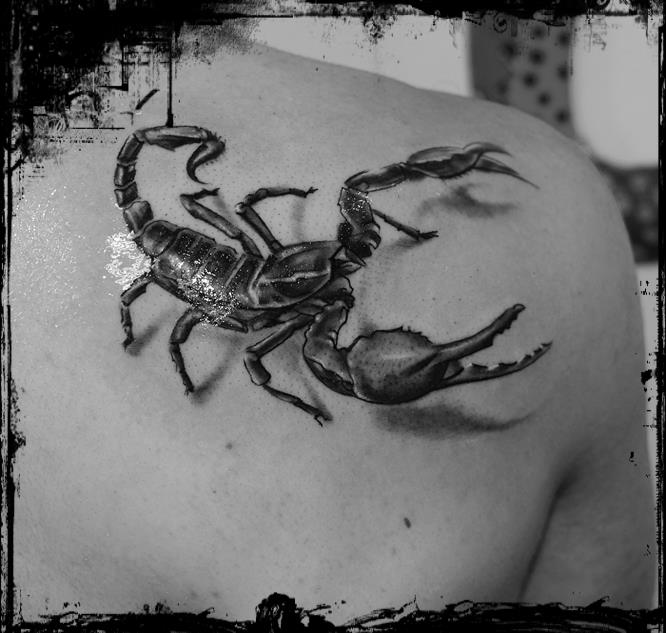 Black And Grey 3D Scorpion Tattoo On Right Back Shoulder