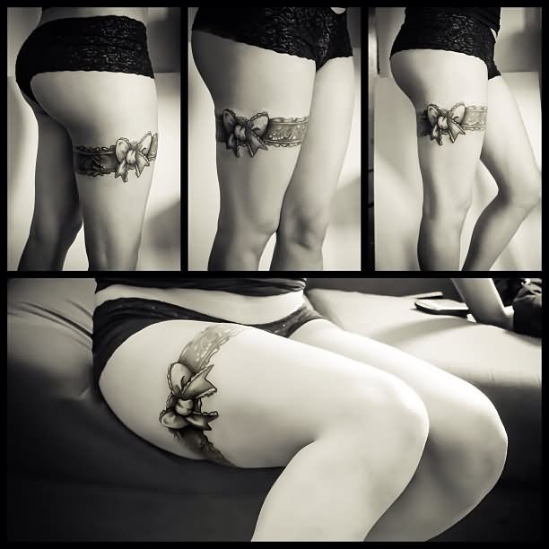 Black And Grey Bow Garter Tattoo Design For Thigh