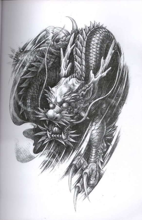 Black And Grey Dragon Samurai Tattoo Design