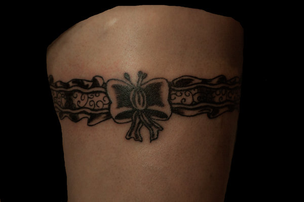 Black And Grey Garter Belt Tattoo On Thigh by Ezhno