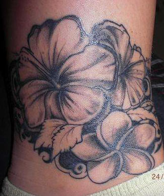 Black And Grey Hibiscus Tattoo On Ankle