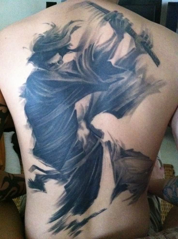 Black And Grey Ink Samurai Back Tattoo
