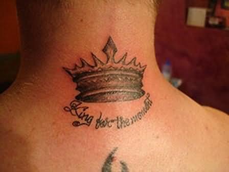 Black And Grey Queen Crown Tattoo On Back Neck