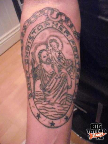 Black And Grey Saint Christopher In Frame Tattoo On Forearm
