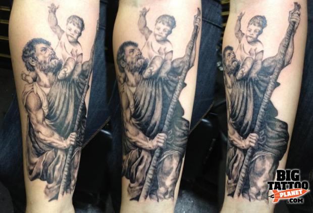 Black And Grey Saint Christopher Tattoo Design For Forearm