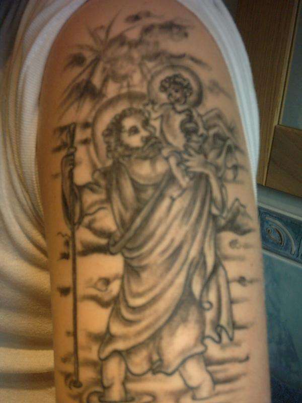 Black And Grey Saint Christopher Tattoo On Half Sleeve