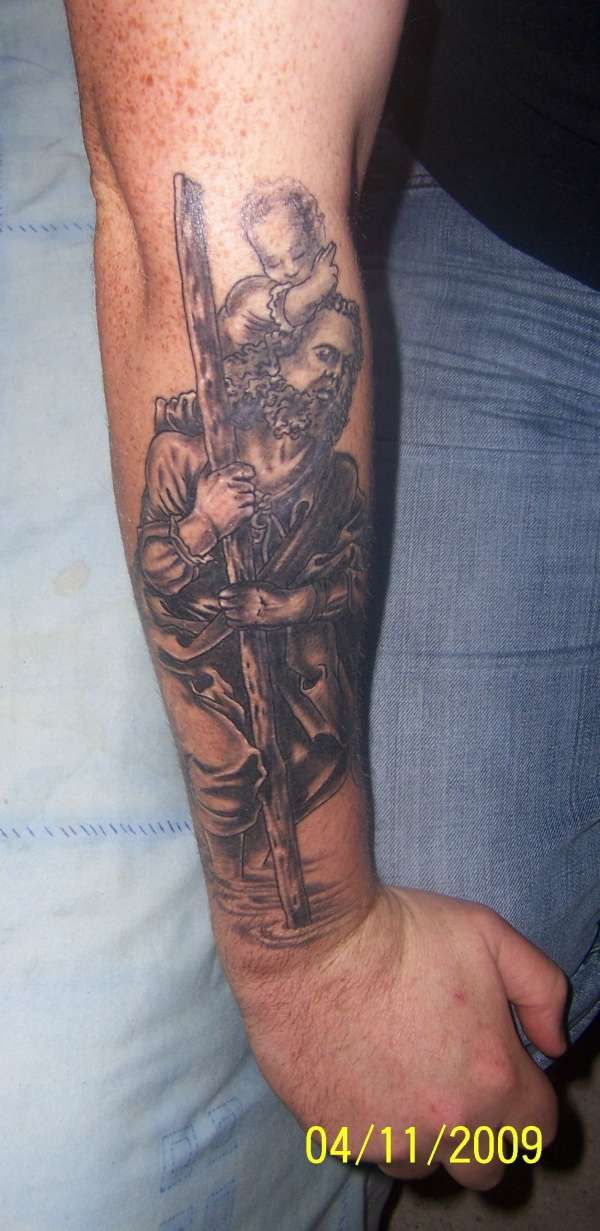 Black And Grey Saint Christopher Tattoo On Right Arm