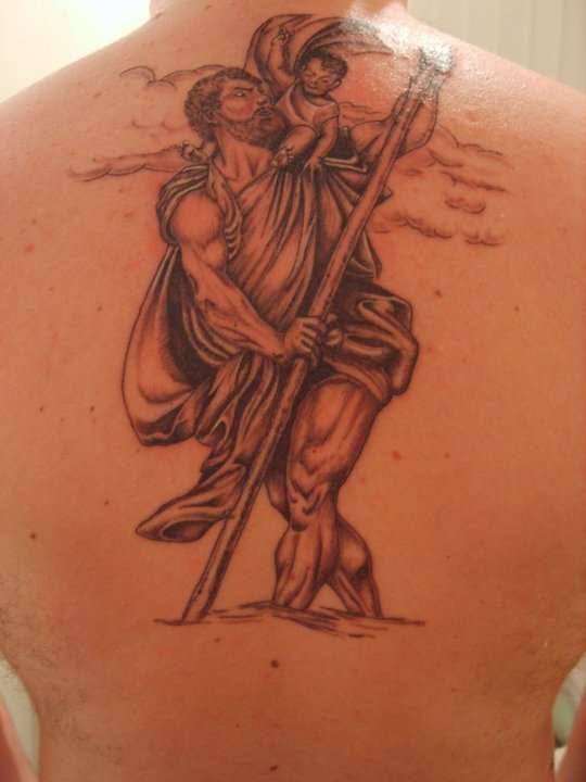 Black And Grey Saint Christopher Tattoo On Upper Back