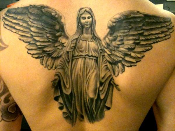 Black And Grey Saint Mary Mother Of God With Wings Tattoo On Upper Back
