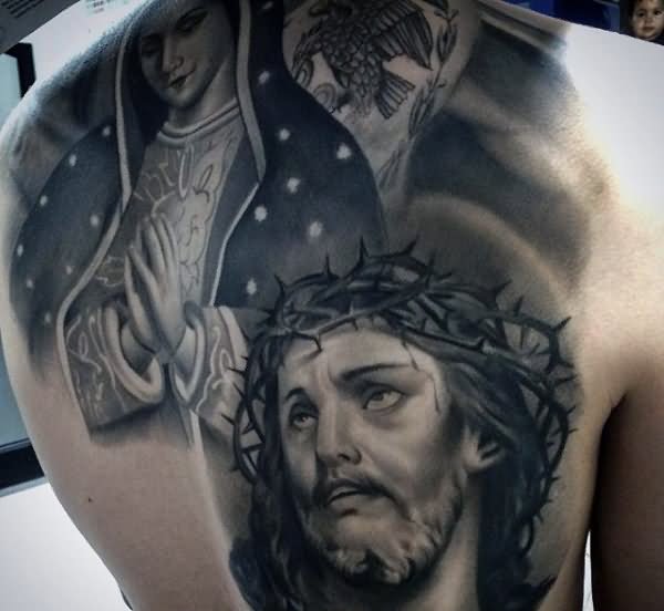 Black And Grey Saint Mary With Jesus Tattoo Design For Full Back