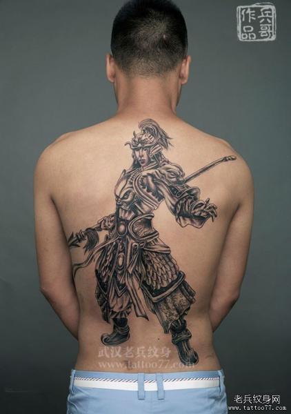 Black And Grey Samurai Tattoo On Full Back