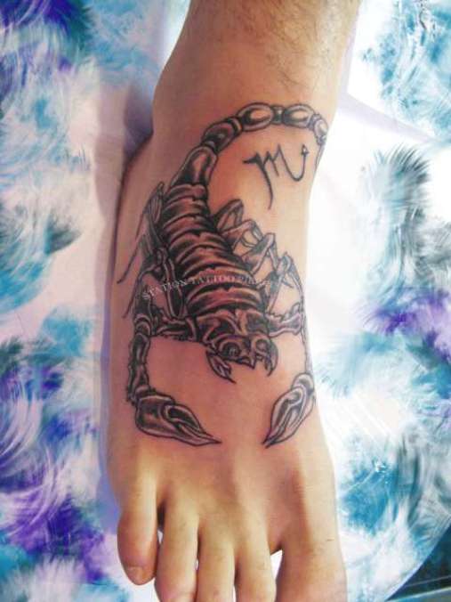 Black And Grey Scorpion Tattoo On Foot