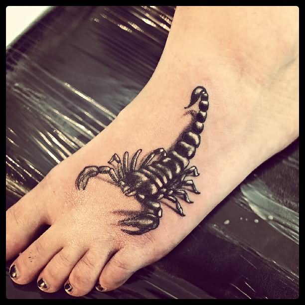 Black And Grey Scorpion Tattoo On Girl Foot
