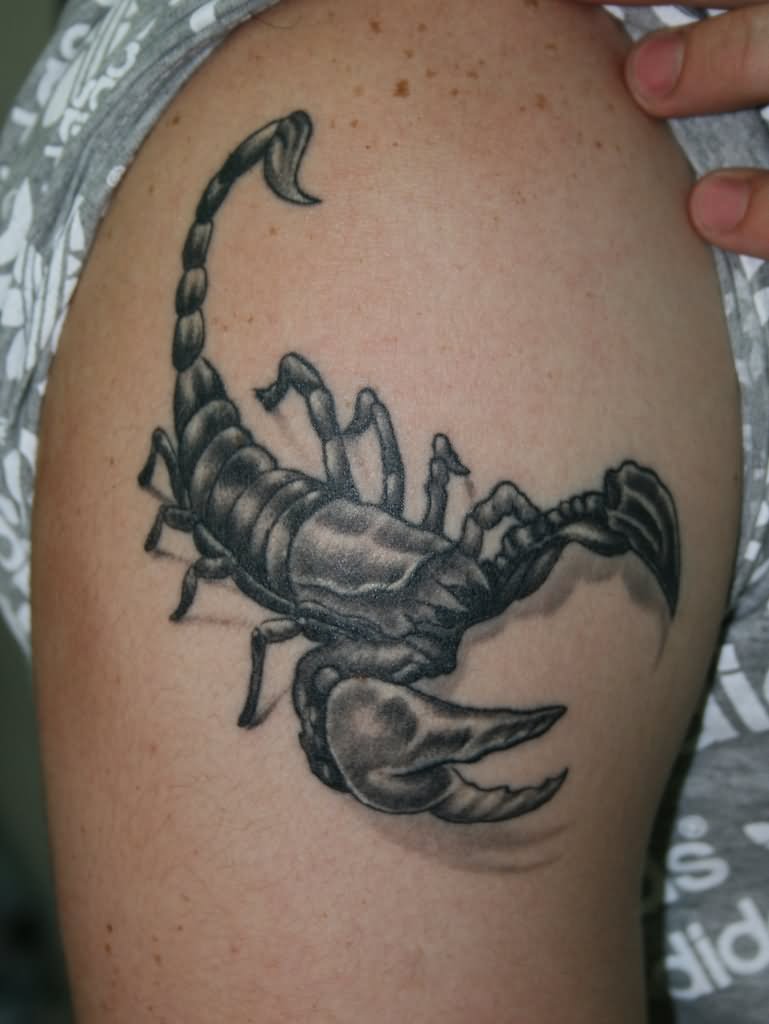 Black And Grey Scorpion Tattoo On Shoulder