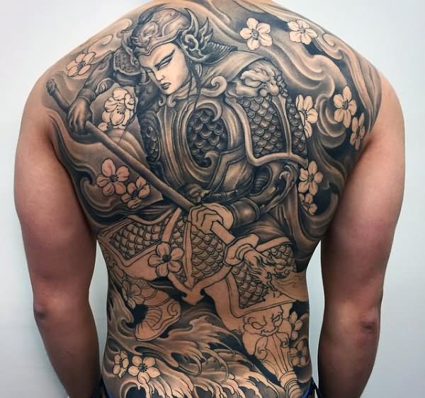 Black And White Traditional Samurai Tattoo On Full Back