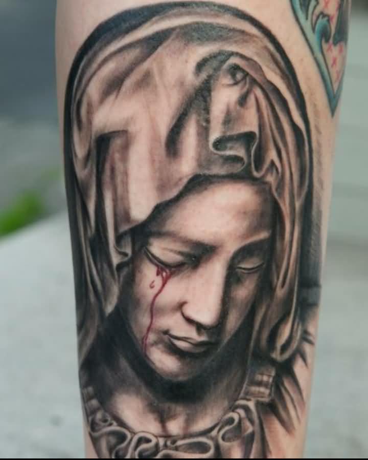 Black Ink 3D Saint Mary Face Tattoo Design For Arm