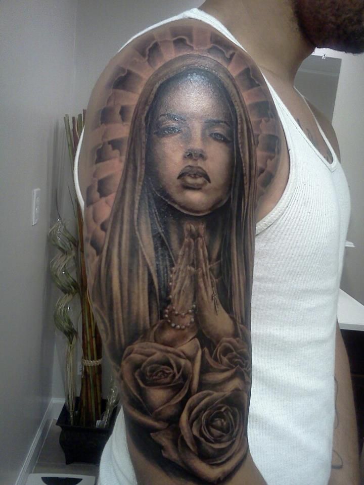 Black Ink 3D Saint Mary Mother Of God With Roses Tattoo On Man Right Half Sleeve