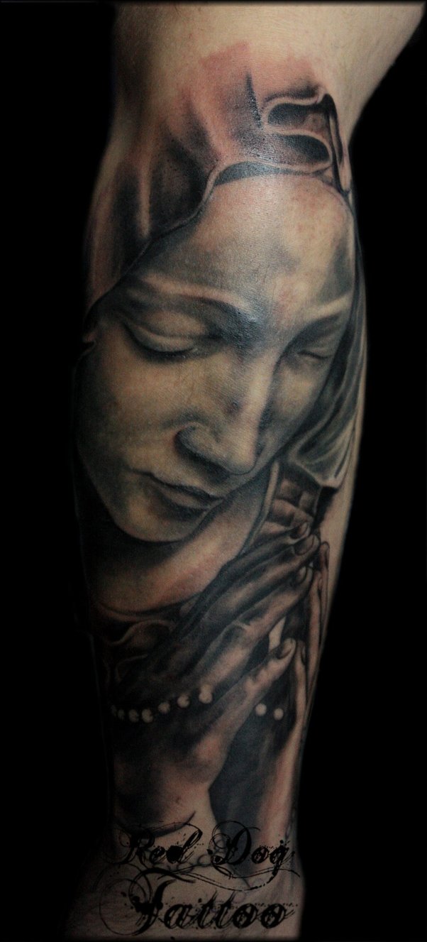 Black Ink 3D Saint Mary Tattoo Design For Sleeve By Red Dog