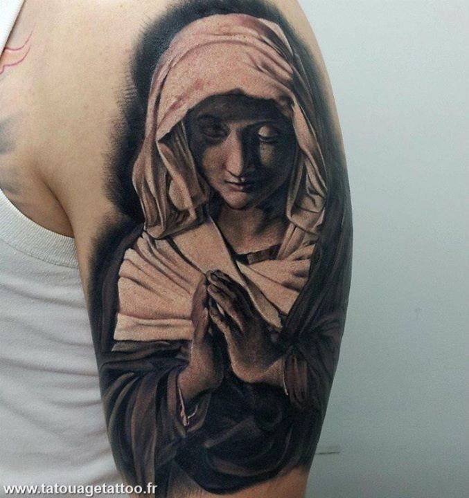 Black Ink 3D Saint Mary Tattoo On Left Half Sleeve