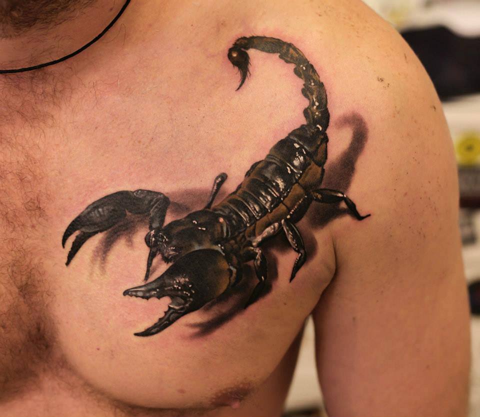 Black Ink 3D Scorpion Tattoo On Front Shoulder