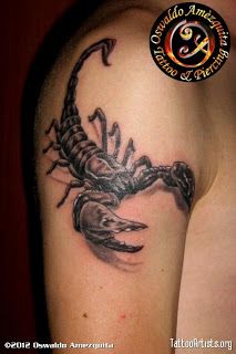 Black Ink 3D Scorpion Tattoo On Right Upper Arm