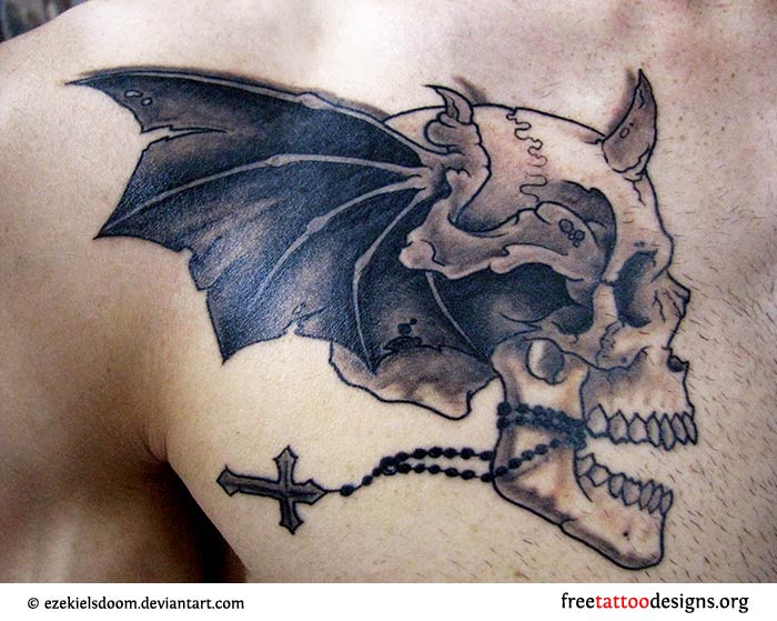 Black Ink 3D Vampire Skull With Wings Tattoo Design For Front Shoulder