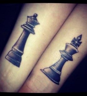 Black Ink Chess Queen And King Tattoo Design For Couple