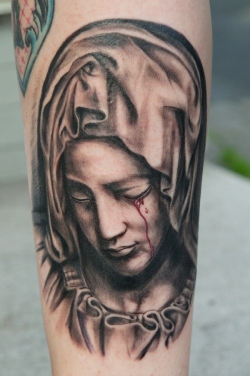 Black Ink Crying Saint Mary Mother Of God Tattoo Design For Arm