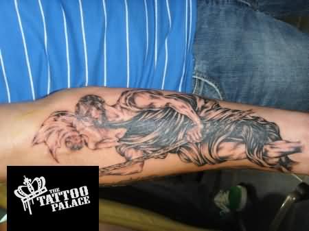 Black Ink Saint Christopher Tattoo Design For Arm