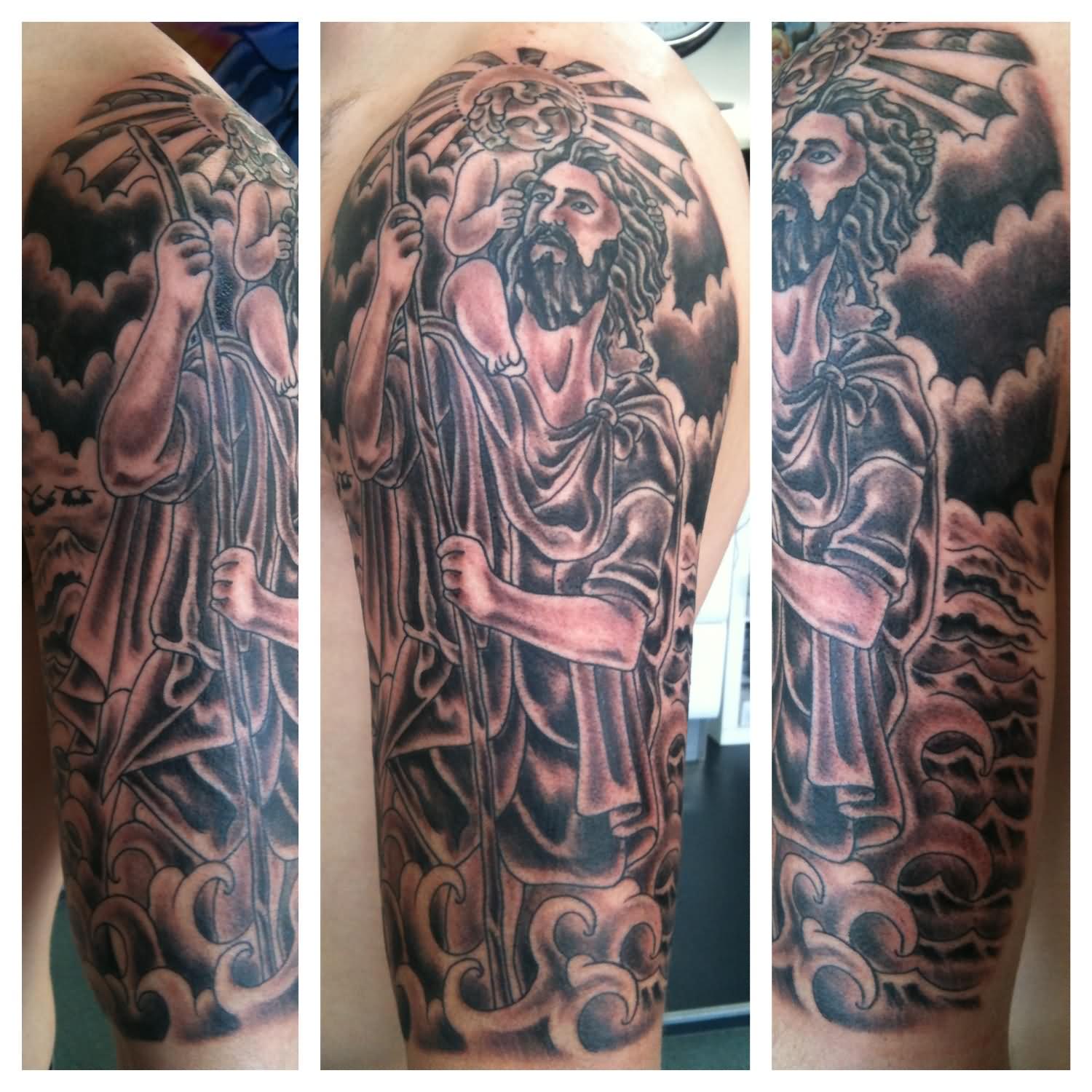 Black Ink Saint Christopher Tattoo Design For Half Sleeve
