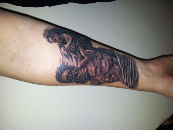 Black Ink Saint Christopher Tattoo On Wrist