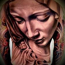 Black Ink Saint Mary Face Tattoo On Full Back
