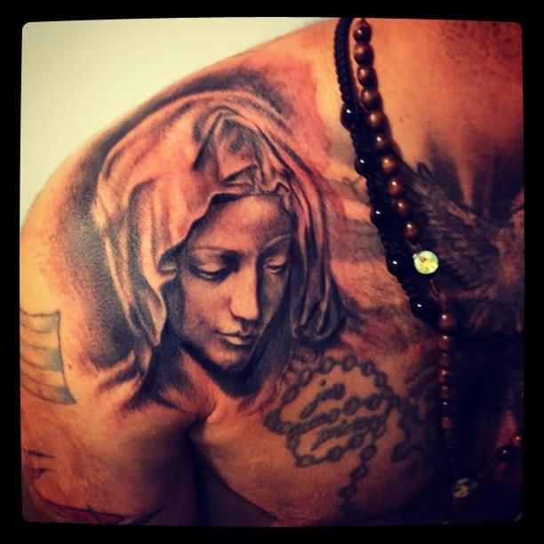 Black Ink Saint Mary Face Tattoo On Right Front Shoulder