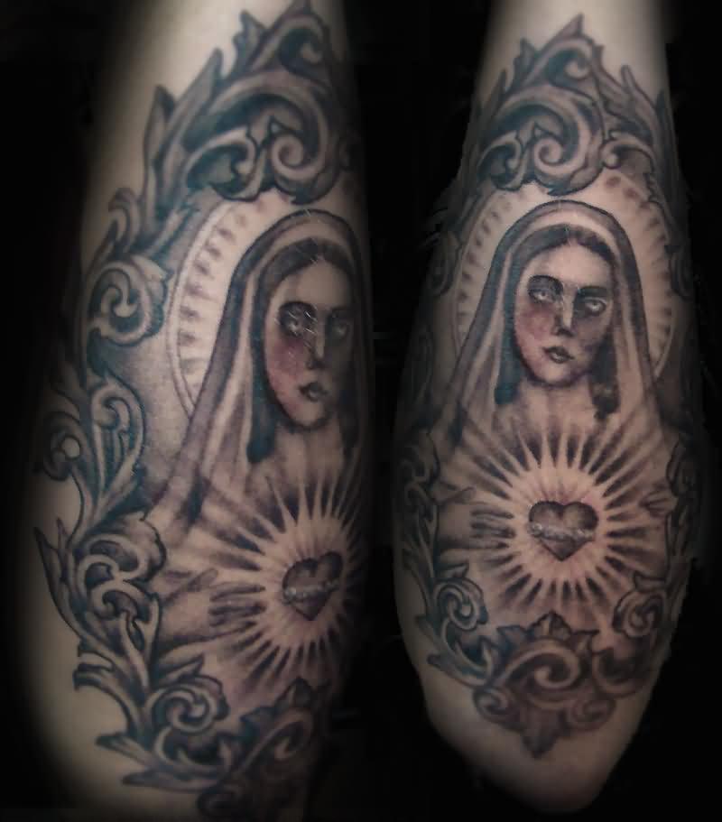 Black Ink Saint Mary In Frame Tattoo Design By Hilary Jane