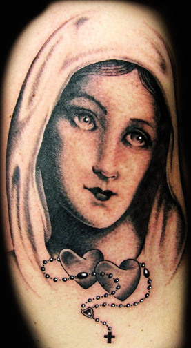 Black Ink Saint Mary Mother Of God Face With Rosary Cross Tattoo Design For Half Sleeve By Captain Bret