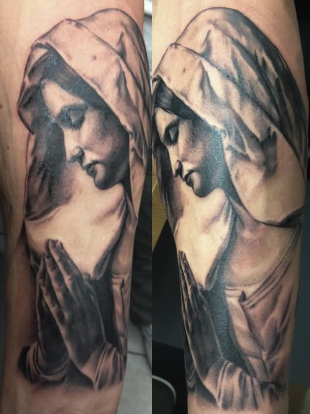 Black Ink Saint Mary Mother Of God Tattoo Design For Sleeve By Dennis